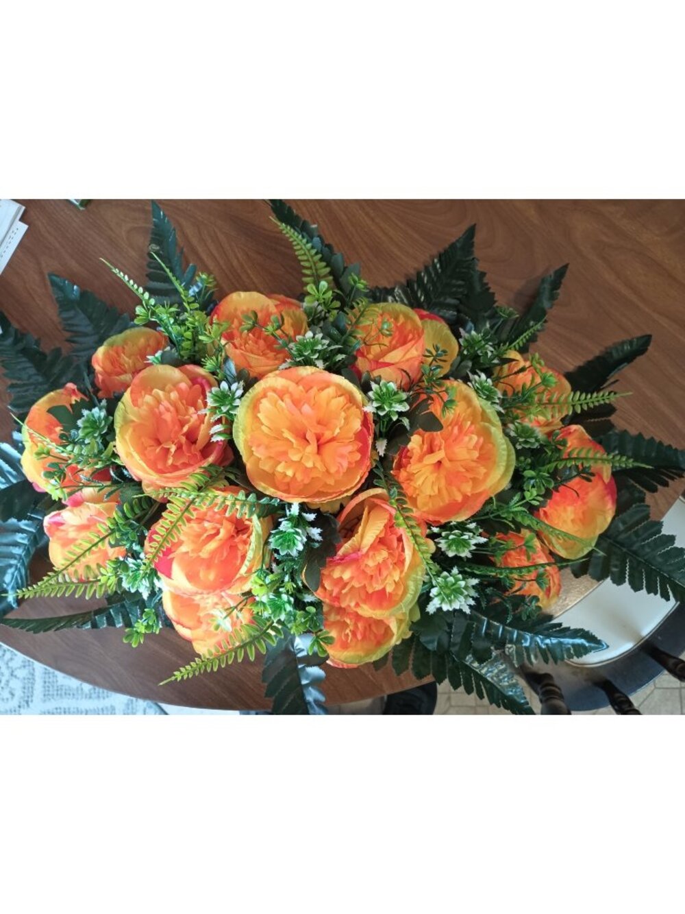 Yellow Orange Artificial Peony And Daisies Cemetery Saddle Arrangement